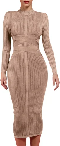 Vista 2 de UONBOX Vestido de manga larga para mujer, con tirantes cruzados, acanalado, para club, fiesta, midi