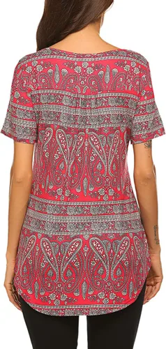 Vista 5 de Blusón plisado de manga corta con estampado floral y cuello Henley en V para mujer, con vuelo.