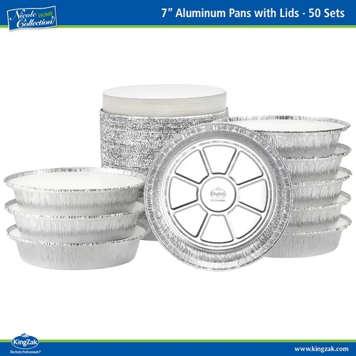Vista 5 de Nicole Home Collection Sartenes de aluminio 7” Redondas desechables con tapas de papel de aluminio (paquete de 50) – Sartenes desechables redondas