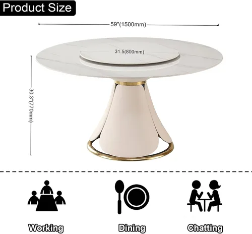 Vista 2 de Mesa de comedor redonda moderna de 59 pulgadas con suspensión perezosa desmontable de 31.5 pulgadas, mesa de comedor de mármol de piedra sinterizada