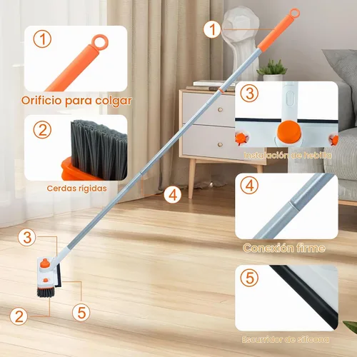 Vista 8 de Cepillo de limpieza de suelo con mango largo, cepillo extensible 3 en 1 para raspar cerdas rígidas, cepillo de ducha de 60 pulgadas con escobilla