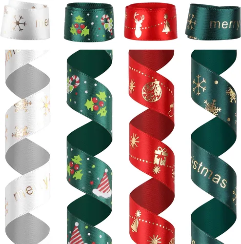 Vista 3 de 4 rollos de cinta de Navidad de 95 yardas, cintas de envoltura de regalos de Navidad de 3/4 pulgadas, envoltura de regalo de árbol de Navidad