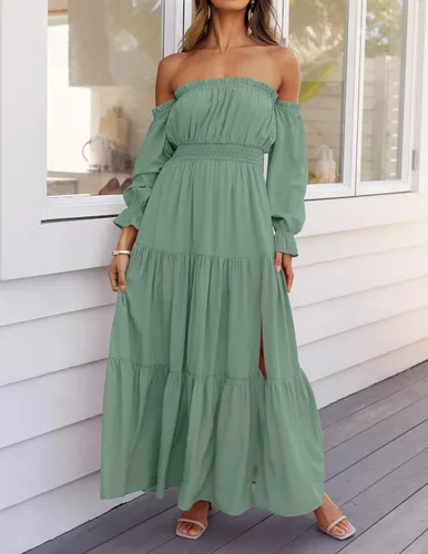 Vista 94 de ZESICA - Vestido largo, bohemio y sexy, con hombros descubiertos y manga larga fruncida, con elástico fruncido, cintura alta y abertura lateral