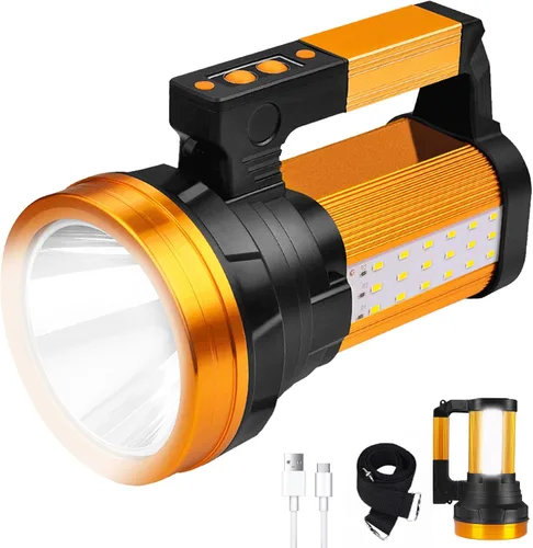 Vista 7 de Linterna recargable de 1200 lm, linterna de mano impermeable IP67 con 3400 mAh, 30 horas de funcionamiento, salida USB, foco LED con correa