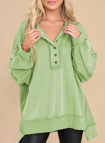 Vista 23 de AlvaQ - Sudadera de gran tamaño para mujer, informal, de manga larga, con botones y cuello Henley, tipo túnica