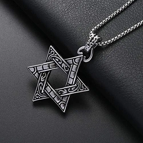 Vista 6 de pickyegg.com Collar con dije de estrella hexagonal de 6 puntos de acero inoxidable para hombre, Metal, Sin gemas.