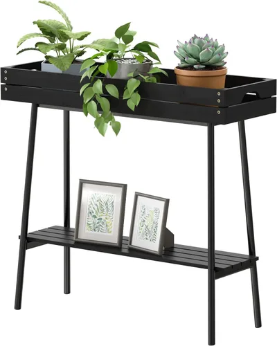 Vista 10 de BAMBANG Soporte de bambú para plantas de interior, mesa pequeña de 2 niveles, soporte alto para plantas de interior, estante para plantas