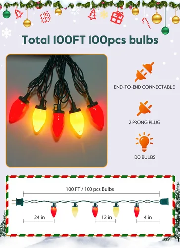 Vista 3 de Luces de Navidad C9 para Exteriores, 100 Pies de Luces de Cadena Impermeables Color Fresa con 100 Bombillas, Luces Impermeables Conectables