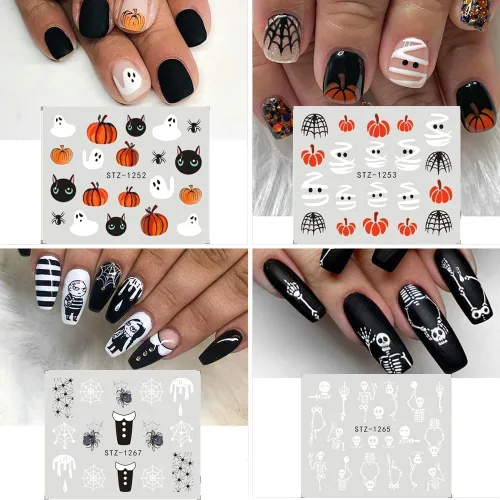 Vista 7 de Calcomanías de arte de uñas de Halloween, calcomanías de transferencia de agua, 12 unidades, calabaza, esqueleto, araña, fantasma, hoja de arce