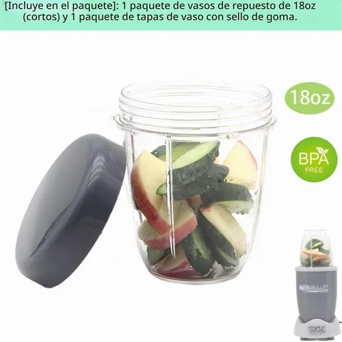 Vista 2 de Vasos de licuadora y tapas planas, piezas de repuesto compatibles con Nutribullet Cups Blender Juicer 600W, 900W, vaso de 18 onzas, tapas 1 paquete