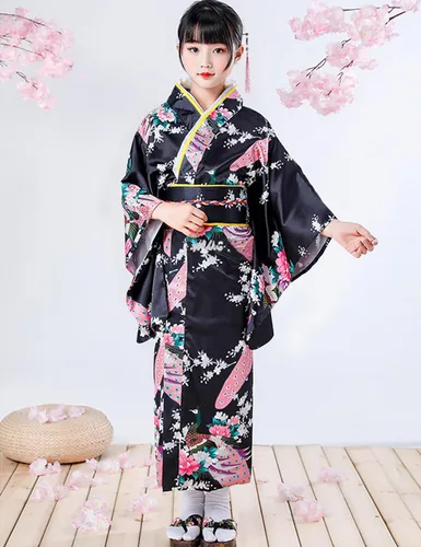 Vista 4 de Vestido kimono japonés para niñas, disfraz de anime, cosplay, Halloween, bata elegante Negro