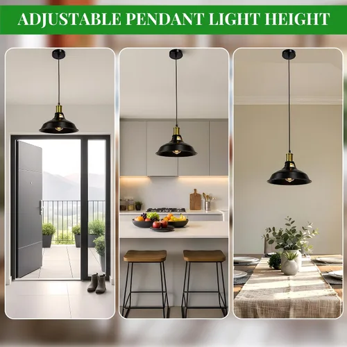 Vista 4 de Lámpara colgante, lámpara colgante industrial de granja con pantalla de metal, iluminación colgante de techo negro y dorado para isla de cocina