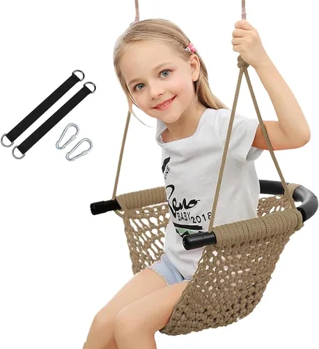 Vista 9 de Columpio tejido a mano para niños, columpio para niños con cuerdas ajustables, juego de columpio seguro para niños, para interiores, exteriores