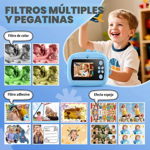 Vista 4 de Cámara de impresión instantánea para niños, cámara digital para niños con Dinosaurio azul
