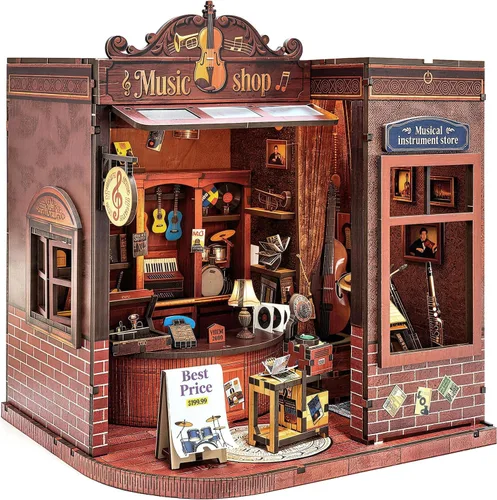 Vista 10 de Kit de rincón de libros, casa en miniatura con luces LED, rompecabezas de madera 3D para adultos, kit de construcción de mini casa de muñecas