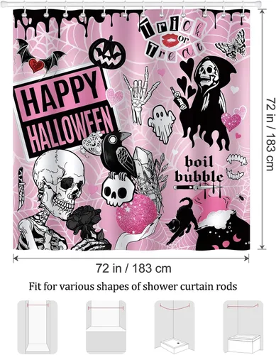 Vista 6 de Bonhause Cortina de ducha rosa de Halloween, divertido esqueleto aterrador, murciélago, decoración de baño gótica, 72 x 72 pulgadas, tela