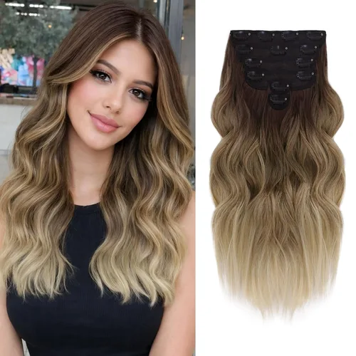 Vista 10 de NAYOO - Extensiones de cabello con clip, extensiones sintéticas onduladas de 20 pulgadas, 6 unidades Wavy Curly Hair, Full Head Coverage, Heat