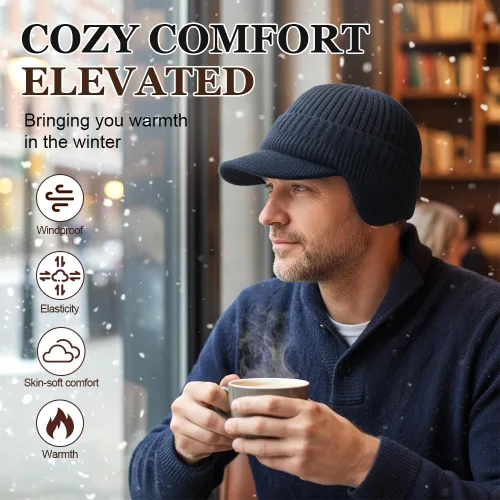 Vista 2 de Gorro de punto elástico cálido con protección para los oídos, unisex, acogedor, gorro de invierno con ala y orejeras para hombres y mujeres