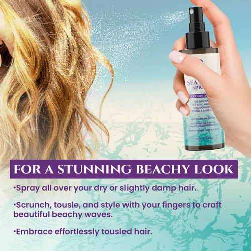 Vista 2 de Spray texturizante para el cabello con sal marina de coco con aceite de ricino, aloe vera, algas rojas, algas rojas, algas marinas, frambuesa y té