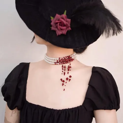 Vista 5 de Dripping Blood Choker Imitation Pearls Halloween Party Necklace Vampire Party Costume