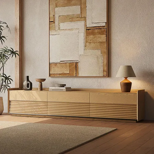 Vista 10 de POVISON Soporte de TV moderno de mediados de siglo totalmente ensamblado con luces LED ajustables, consola multimedia de madera, centro