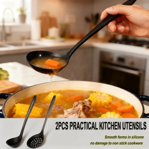 Vista 6 de Cucharas de cocina ranuradas de silicona, cucharón de cocina, cuchara coladora, cuchara espumadora, cucharón de sopa, cucharas ranuradas