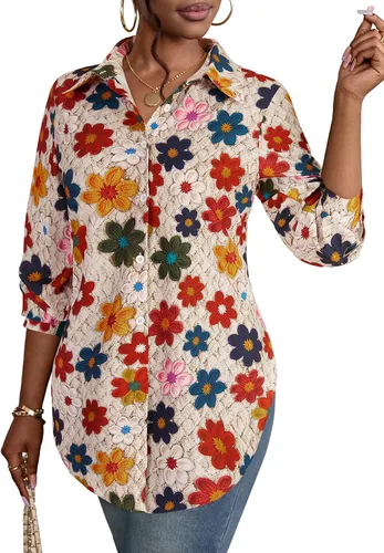Vista 37 de Rooscier Blusa larga con cuello en V para mujer, manga larga, abertura lateral, con botones