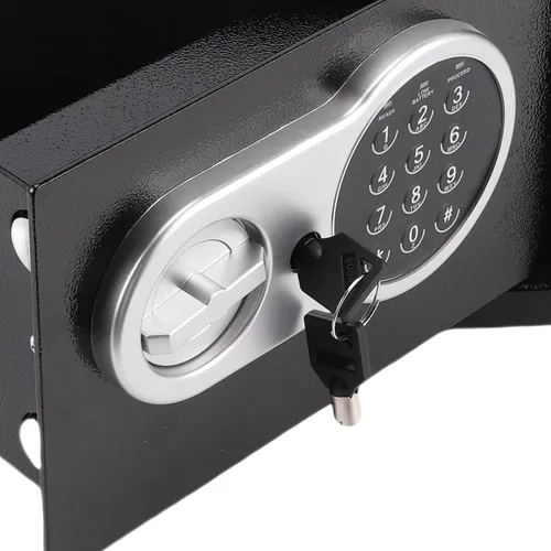 Vista 5 de Hyuduo Mini caja fuerte, caja de seguridad electrónica con contraseña digital y llaves de respaldo, caja de seguridad de acero antirrobo para viajes