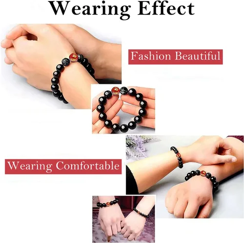 Vista 5 de Pulsera de obsidiana negra, pulsera de obsidiana negra Feng Shui para mujeres, hombres y parejas, hecha a mano con piedra tallada de ojo de tigre