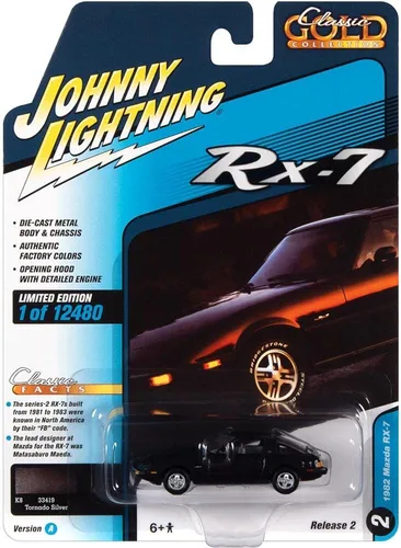Vista 3 de 1982 Mazda RX-7 Tornado Silver Metallic Classic Gold Collection Series Edición limitada a 12480 piezas en todo el mundo 1/64 modelo de automóvil