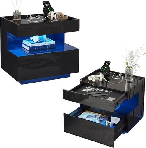 Vista 24 de HNEBC Mesita de noche negra con 3 cajones y estación de carga inalámbrica y negro (91016-1pcs-Black)