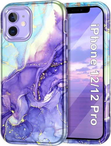 Vista 11 de Btscase para iPhone 12/iPhone 12 Pro, funda resistente de tres capas de mármol a prueba de golpes, cuerpo completo, PC duro + parachoques de TPU