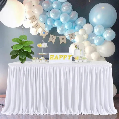 Vista 7 de Falda de mesa plisada negra de 5 pies de longitud para escritorio rectangular, baby shower, boda, cumpleaños, revelación de género, fiesta, postre