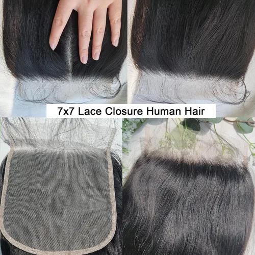Vista 6 de Cierre de encaje transparente HD de 7 x 7 pulgadas, línea capilar natural de alta densidad, 10A, prearrancada con abuelitos, cabello humano virgen