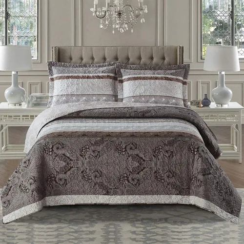 Vista 2 de sheetsnthings Juego de ropa de cama de 7 piezas tamaño Queen - Colcha ligera de color gris pardo calisto con sábanas de microfibra marfil sólido