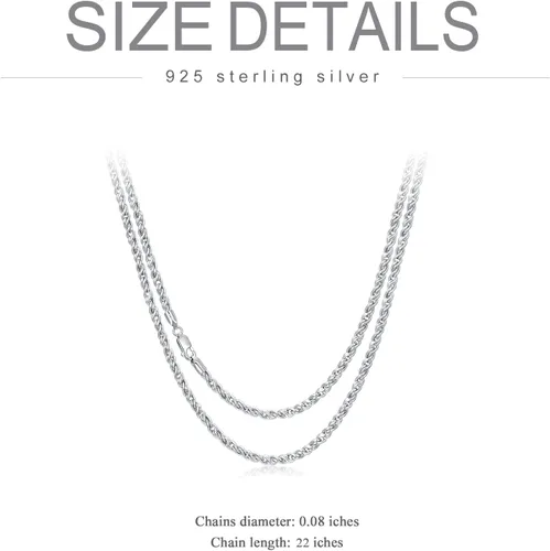 Vista 4 de Cadena de cuerda de plata de ley 925 genuina de 0.079 pulgadas, cadena de cuerda trenzada italiana, regalo de joyería para hombres y mujeres, 16