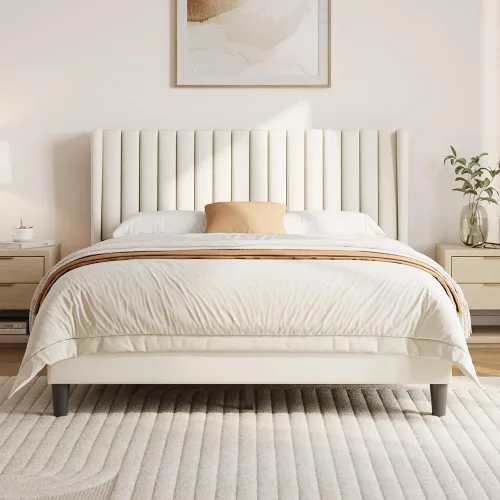 Vista 16 de Yaheetech Base de cama individual tapizada con cabecera de tela, diseño de borde de ala, antideslizante y sin ruido, soporte de listones de madera