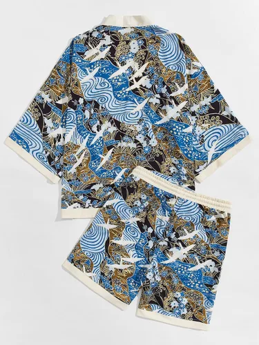 Vista 2 de Floerns Conjunto de 2 piezas con estampado de kimono para hombre con pantalones cortos con cordón