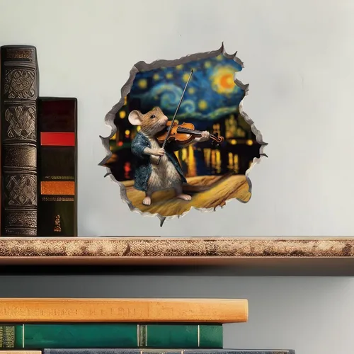 Vista 2 de Calcomanía de pared 3D con agujero de ratón con diseño de violín de noche estrellada