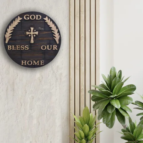 Vista 5 de Placa de madera para colgar en pared y hogar con diseño de Dios bendiga nuestro hogar, decoración y regalo