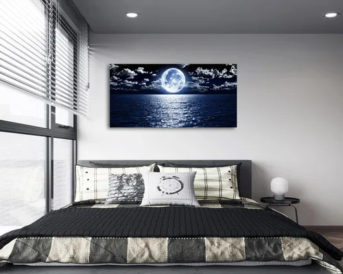 Vista 2 de Cao Gen Decor Art S06950 - Lienzo decorativo para pared, diseño de luna, mar, océano, paisaje, 1 panel, luna llena en nube, cuadros estirados