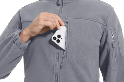 Vista 4 de CRYSULLY Chaqueta de forro polar táctica con cremallera completa para hombre, abrigo de invierno con múltiples bolsillos