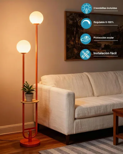 Vista 3 de Lightdot Lámpara de pie naranja de 63 pulgadas con poste en U, 2 lámparas de pie de mediados de siglo con globos y bombillas LED blancas cálidas