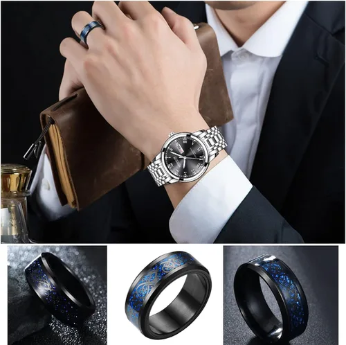 Vista 4 de yfstyle 4 anillos de banda lisa para hombres, anillos de acero inoxidable para hombres, anillos de boda geniales para hombres, anillos giratorios