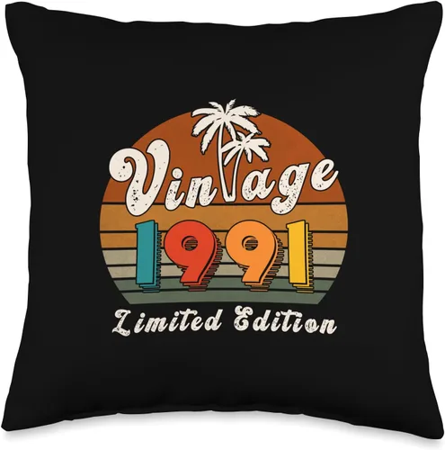 Vista 4 de Vintage 1991 Birthday Gift for Men Women 35 Years Retro Palm Throw Pillow