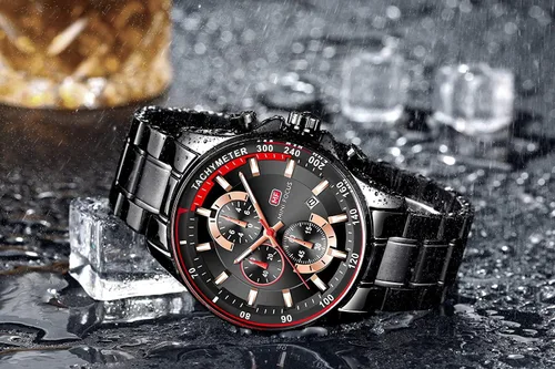 Vista 4 de MF MINI FOCUS Reloj cronógrafo de cuarzo para hombre, pulsera de eslabones de acero inoxidable, resistente al agua, luminoso