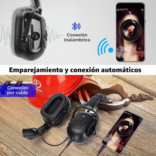 Vista 4 de BJKing Orejeras para casco duro con Bluetooth, NRR 28dB, orejeras ajustables montadas en la tapa, orejeras acoplables para casco