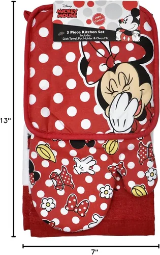 Vista 6 de Disney Juego de cocina de 3 piezas con soporte para ollas y toalla de cocina (Minnie Mouse Red)