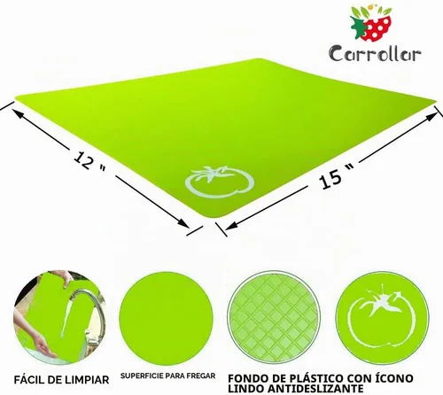 Vista 2 de Juego de 4 tablas de cortar de plástico flexible, con íconos de alimentos, sin BPA, no porosas, con parte trasera adherente y aptas para lavavajillas