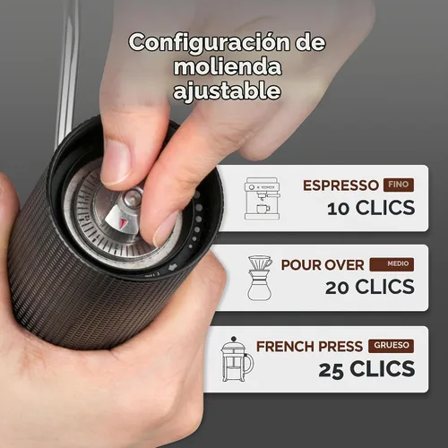 Vista 5 de Molinillo de café manual, rebaba cónica de acero inoxidable con ajuste ajustable, doble rodamiento, capacidad máxima de 0.88 onzas, molinillo